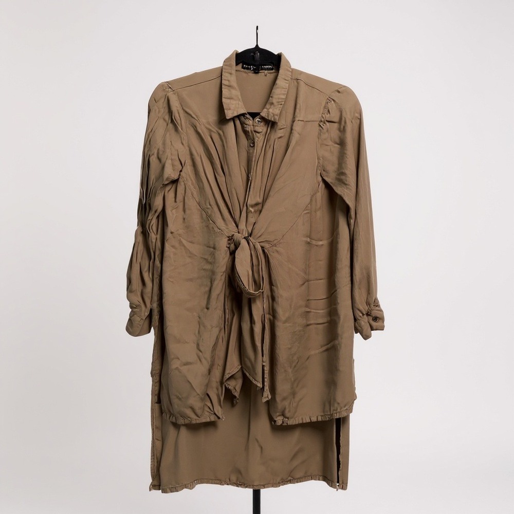 English Factory XS Olive Green Tie Front Long Sleeve Shirt Dress Casual